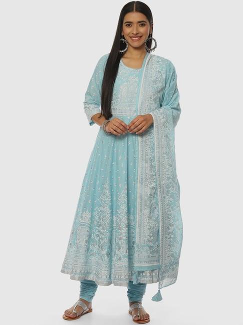 biba blue cotton printed kurta churidar set with dupatta