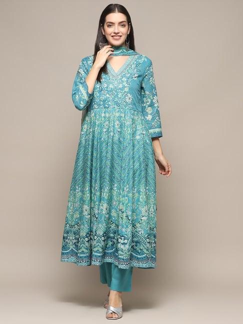 biba blue cotton printed kurta pant set with dupatta