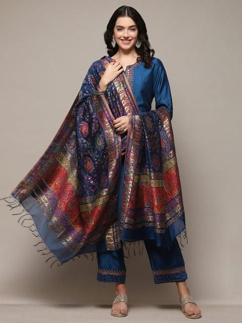 biba blue cotton woven kurta pant set with dupatta