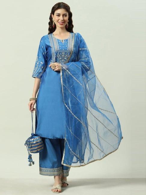 biba blue embroidered kurta pant set with dupatta
