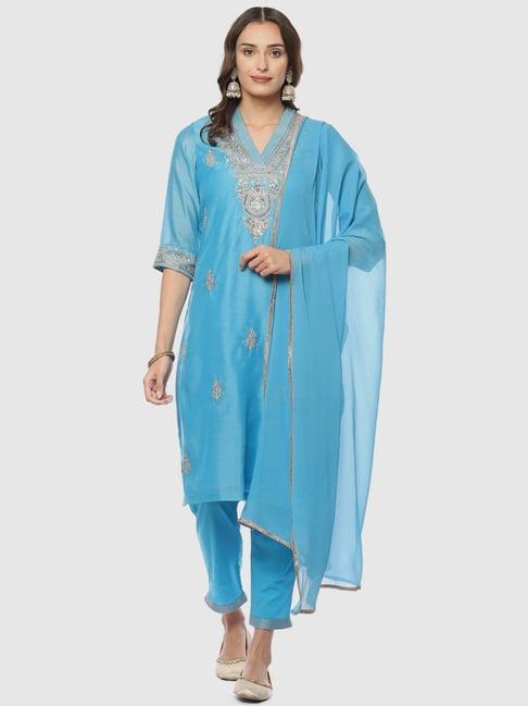 biba blue embroidered kurta pant set with dupatta