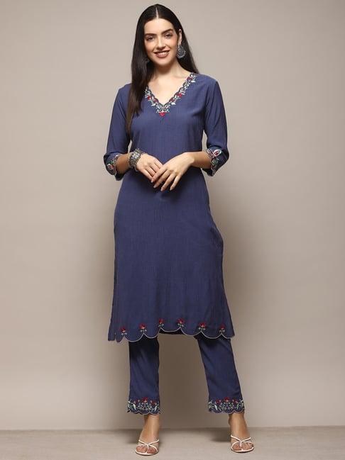 biba blue embroidered kurta pant set