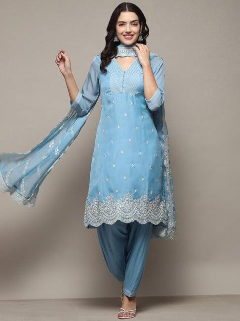 biba blue embroidered kurta salwaar set with dupatta