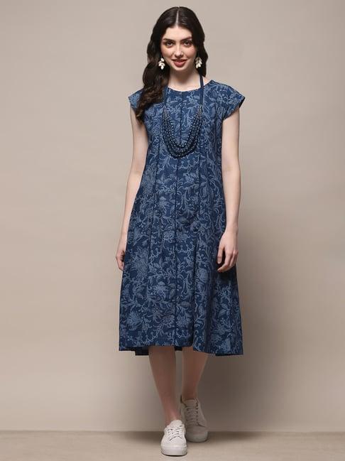 biba blue floral print a-line dress