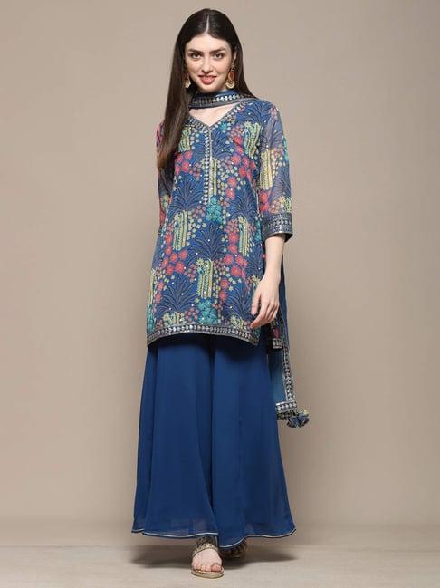 biba blue floral print kurti sharara set with dupatta