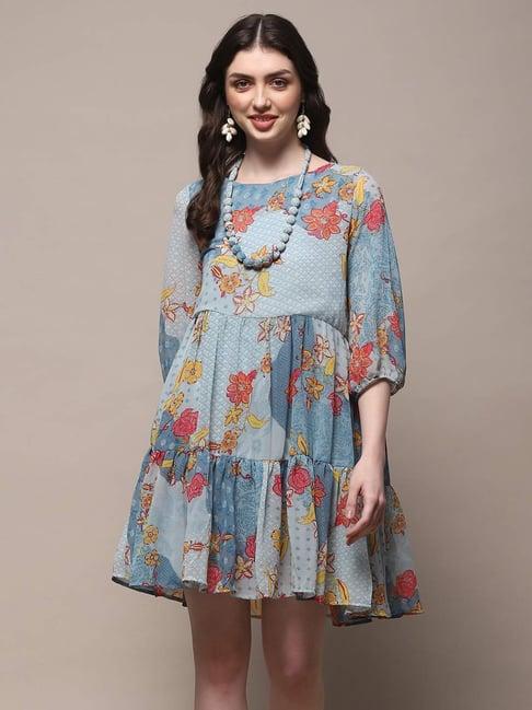 biba blue floral print peplum dress