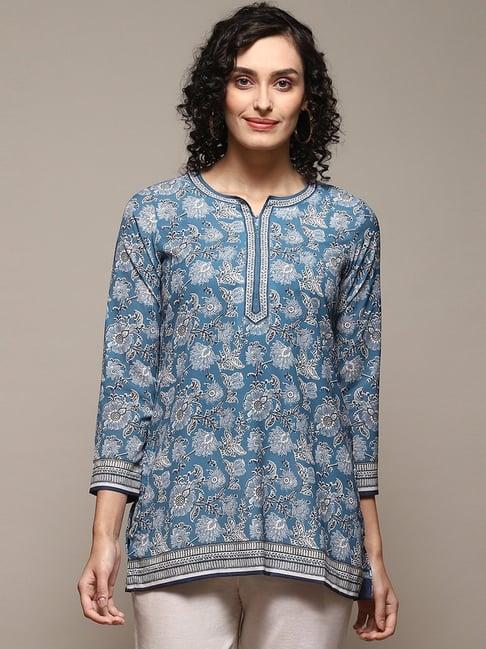 biba blue floral print straight short kurti