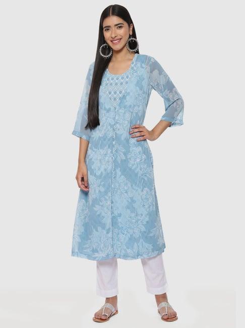 biba blue printed a line kurta with jacket