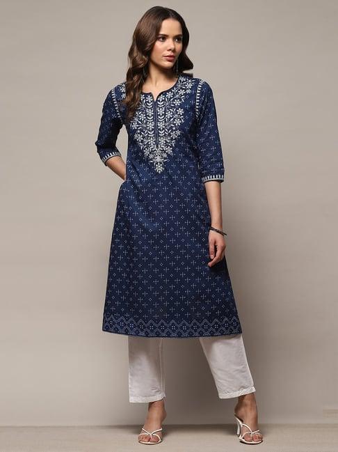 biba blue printed cotton straight kurta