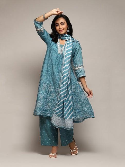 biba blue printed kurta, palazzo & dupatta with inner slip