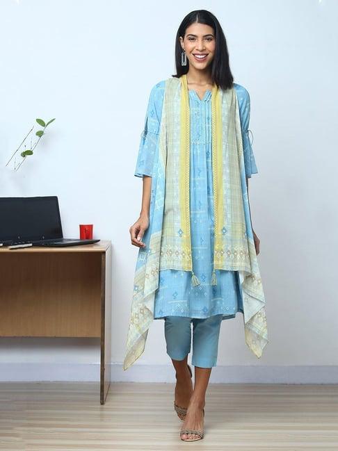 biba blue printed kurta & pant set with shrug