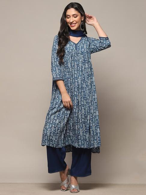 biba blue printed kurta with palazzo & dupatta