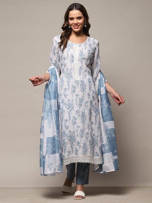 biba blue printed linen unstitched dress material