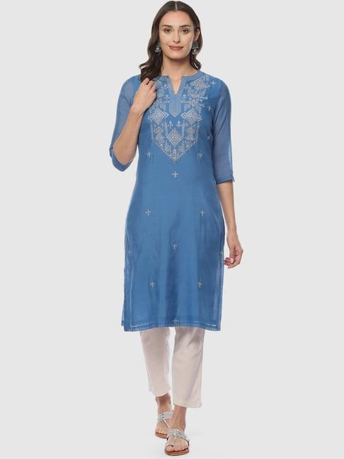 biba blue woven pattern straight kurta