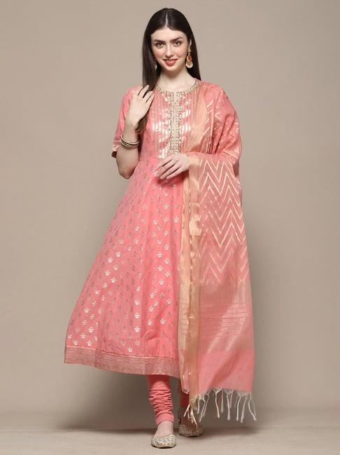 biba blush pink printed kurta churidar set with dupatta