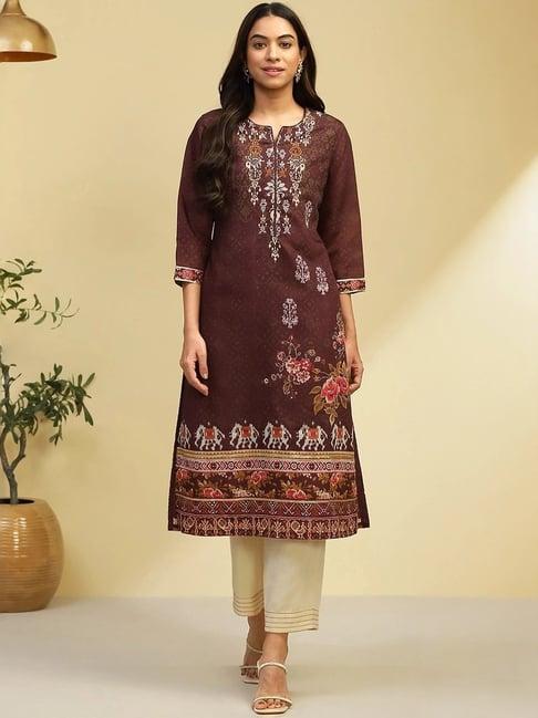 biba brown & beige printed kurta pant set