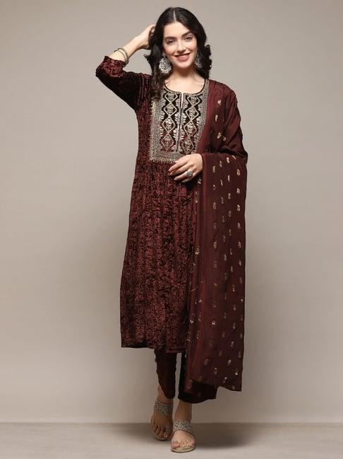 biba brown embroidered kurta pant set with dupatta