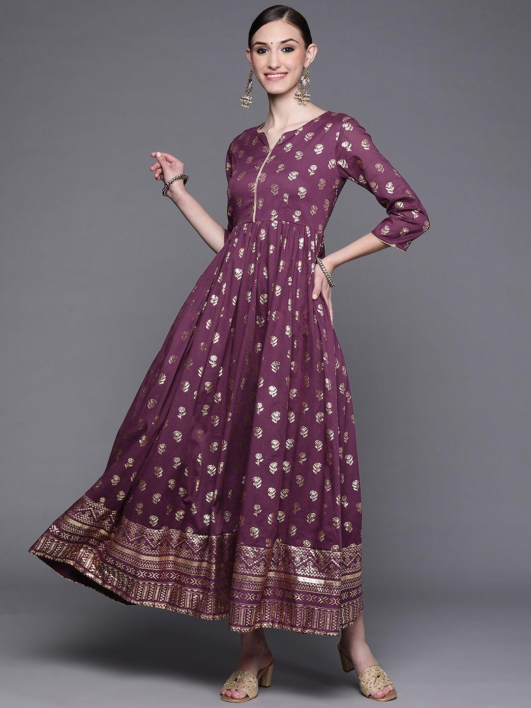 biba burgundy & golden ethnic motifs ethnic a-line maxi dress