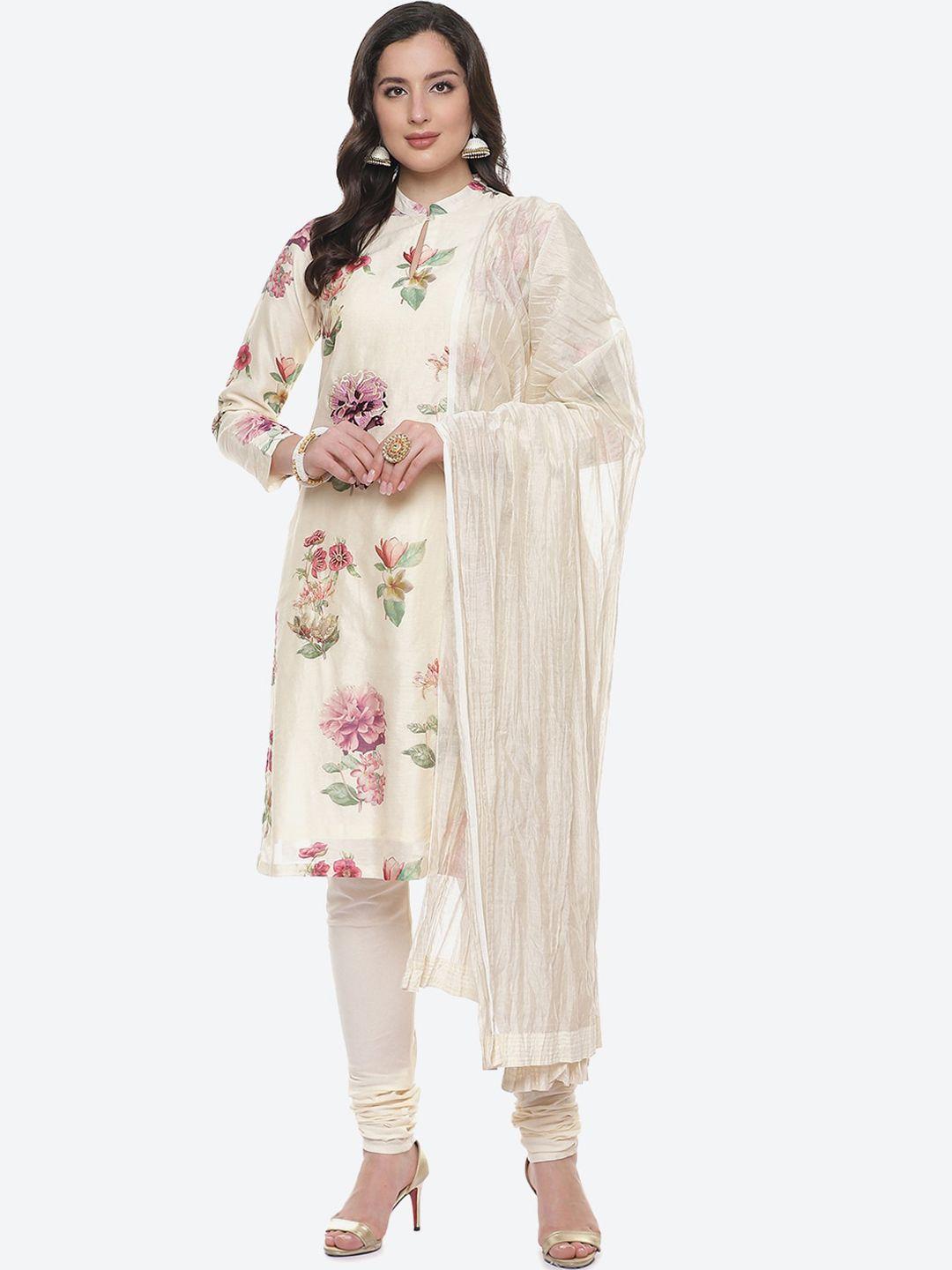 biba by rohit bal off white floral embroidered chanderi silk kurta with churidar & dupatta