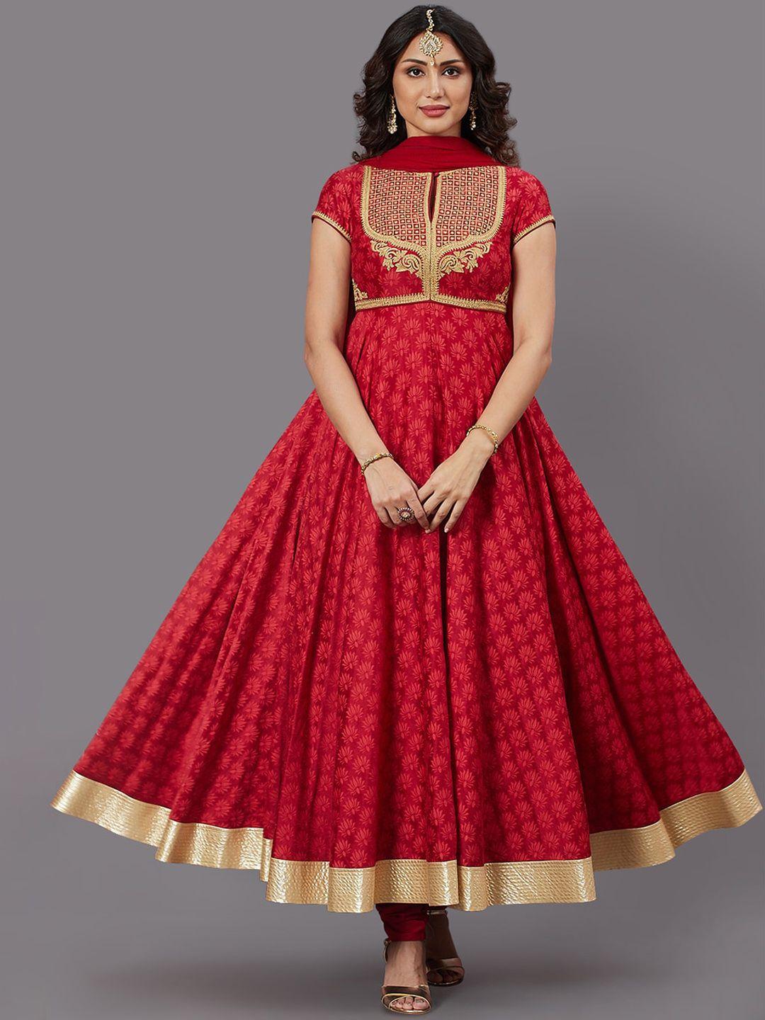 biba by rohit bal red & gold-toned floral printed empire kurta with churidar & dupatta