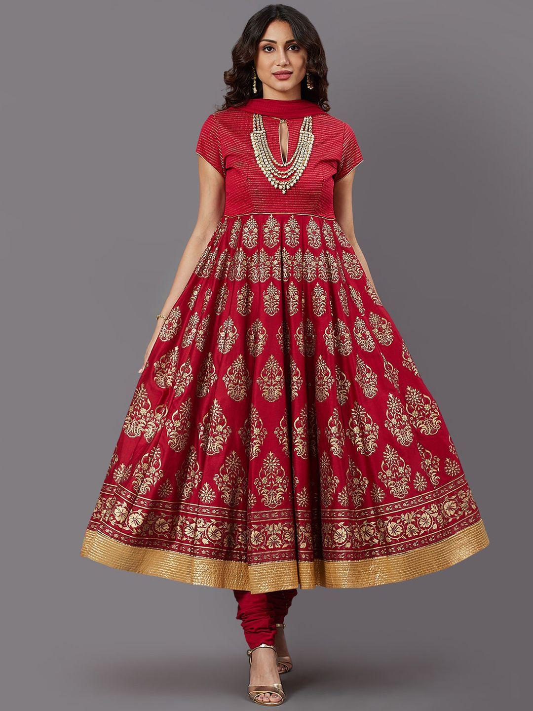 biba by rohit bal red & golf-toned motifs printed pleated kurta with churidar & dupatta