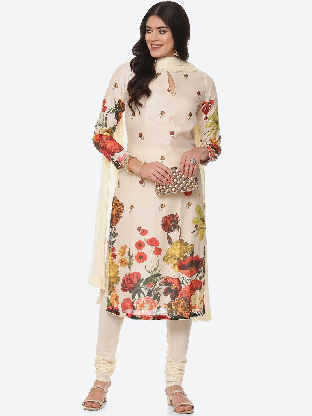 biba by rohit bal women off white floral chanderi silk kurta with churidar & dupatta