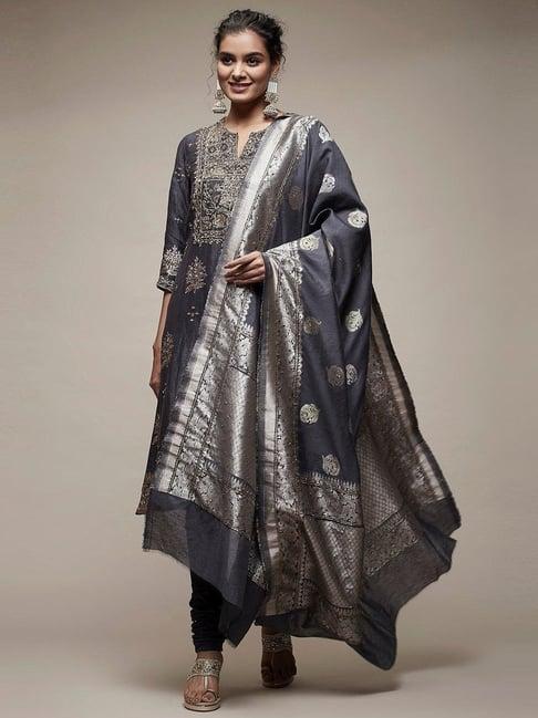 biba charcoal grey embroidered kurta churidar set with dupatta