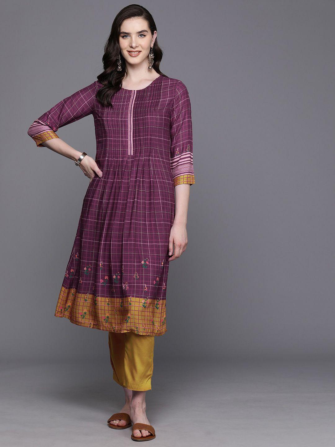 biba checked pleated kurta with trousers