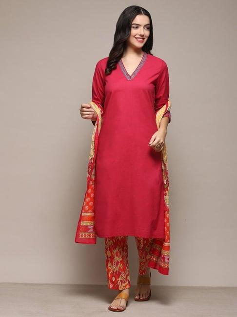 biba coral cotton embroidered kurta pant set with dupatta