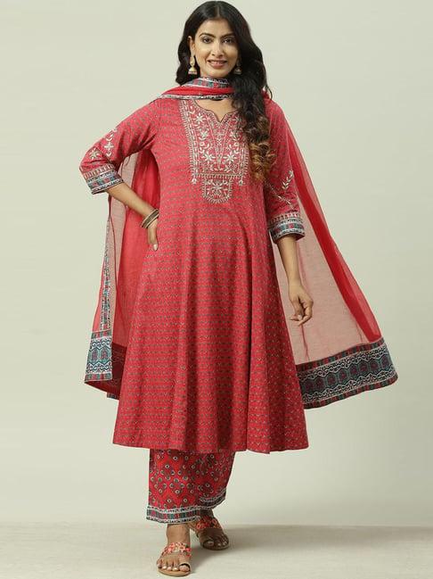 biba coral cotton printed kurta palazzo set with dupatta