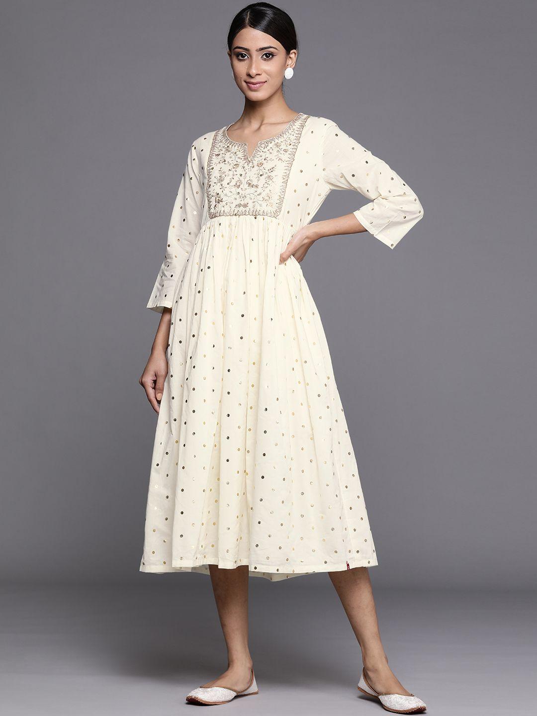 biba cream-coloured & golden pure cotton printed a-line midi dress