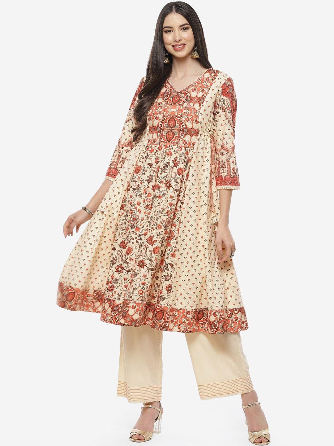 biba cream-coloured ethnic motifs printed pure cotton kurta with trousers