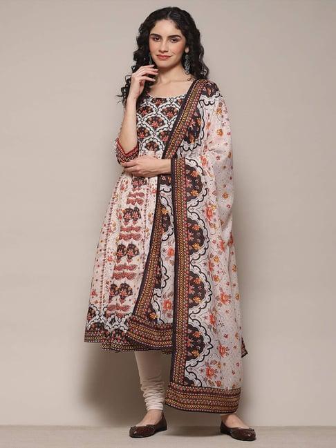 biba cream cotton printed kurta churidar set with dupatta