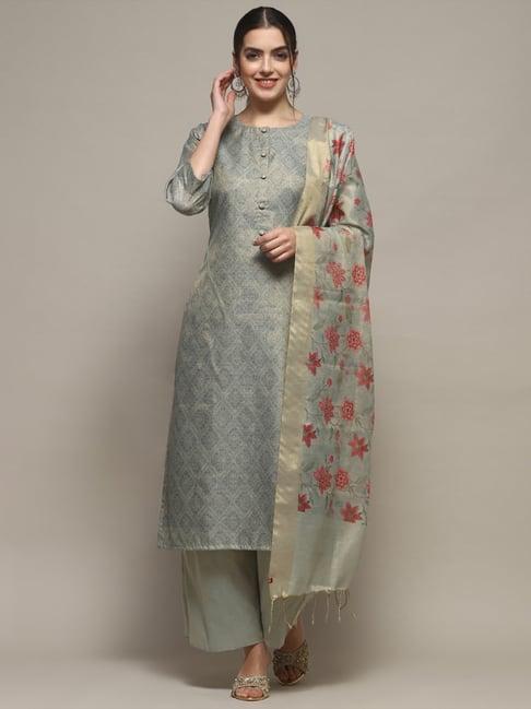 biba earthy blue printed unstitched suit set