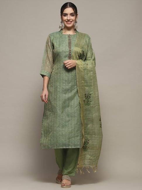 biba earthy green woven pattern unstitched suit set