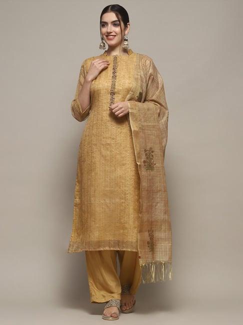 biba earthy yellow woven pattern unstitched suit set