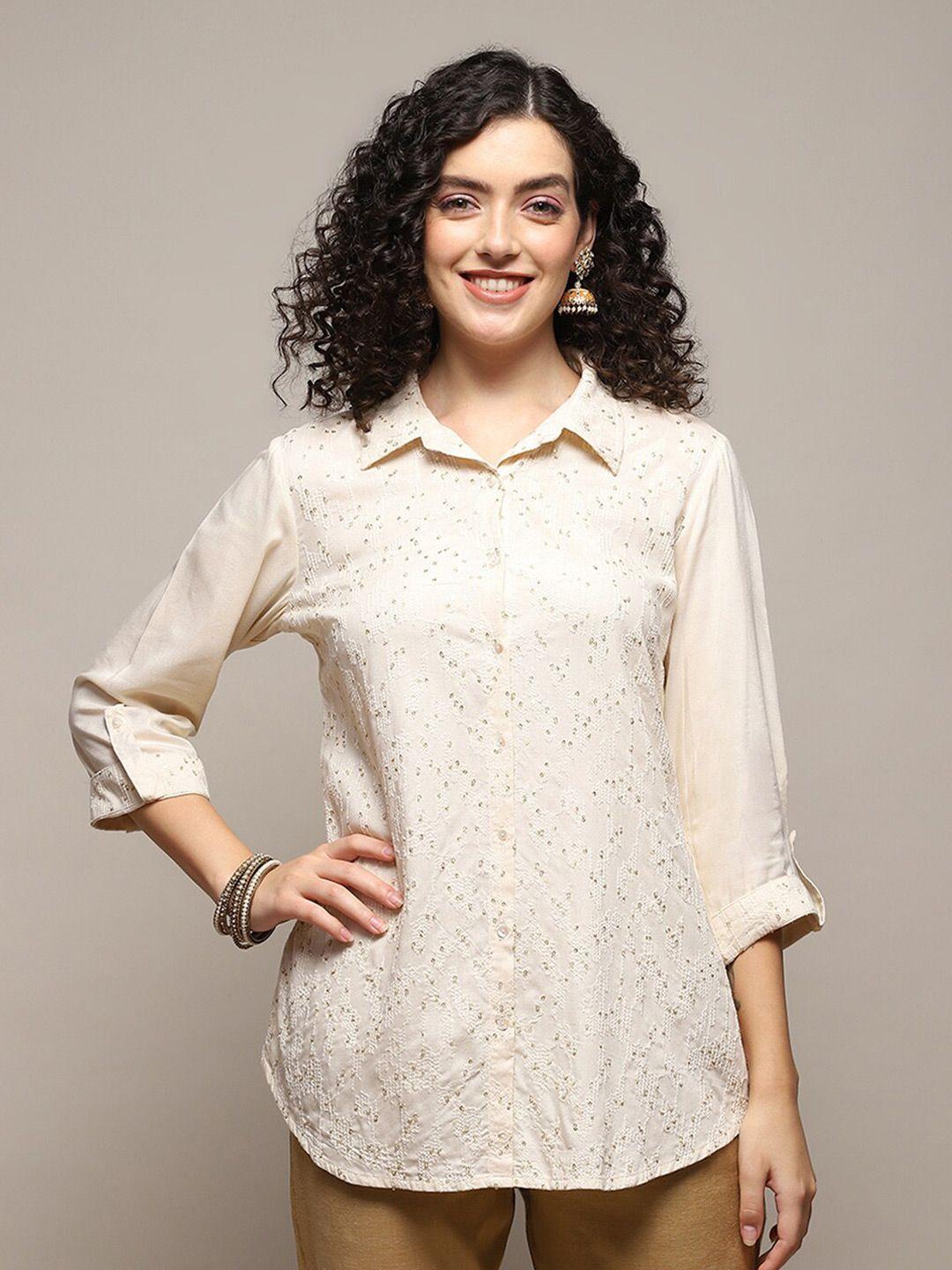 biba embroidered roll-up sleeves casual shirt