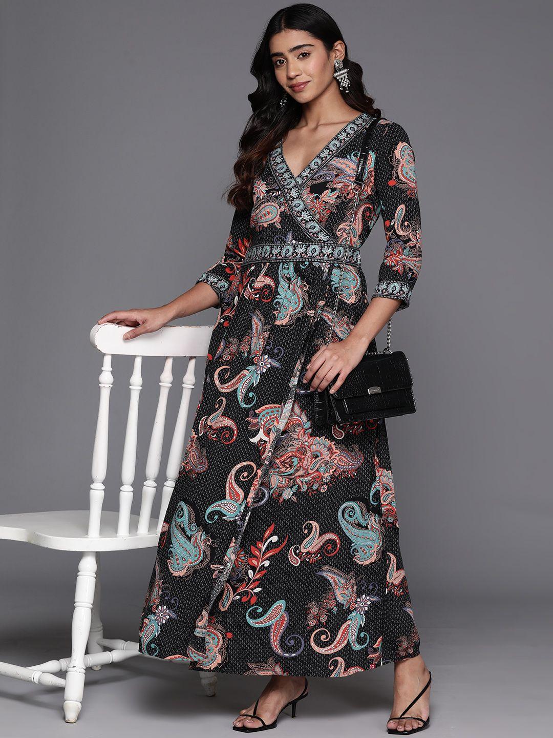 biba ethnic motif printed wrap dress