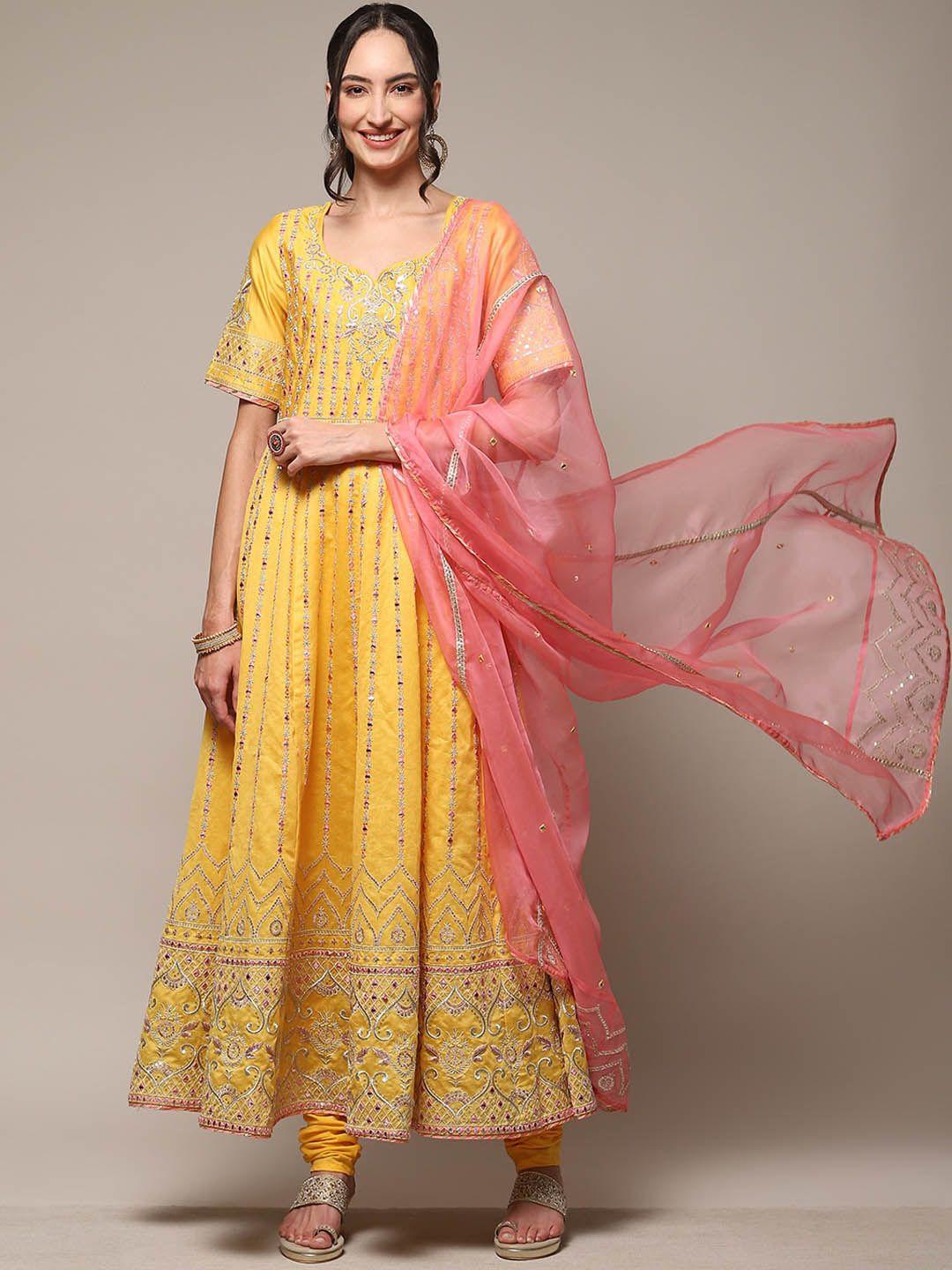 biba ethnic motifs embroidered chanderi silk kurta with churidar & dupatta