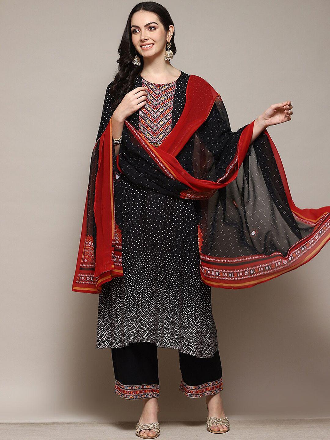 biba ethnic motifs embroidered mirror work a-line kurta with trousers and dupatta