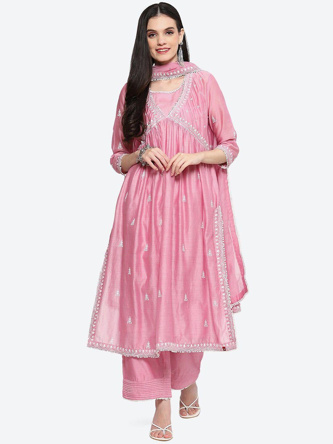 biba ethnic motifs embroidered sequined a-line kurta with palazzos & dupatta