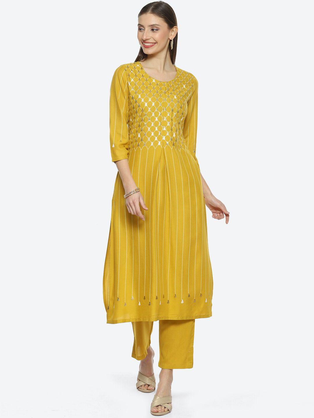 biba ethnic motifs foil printed pleated a-line kurta with trousers