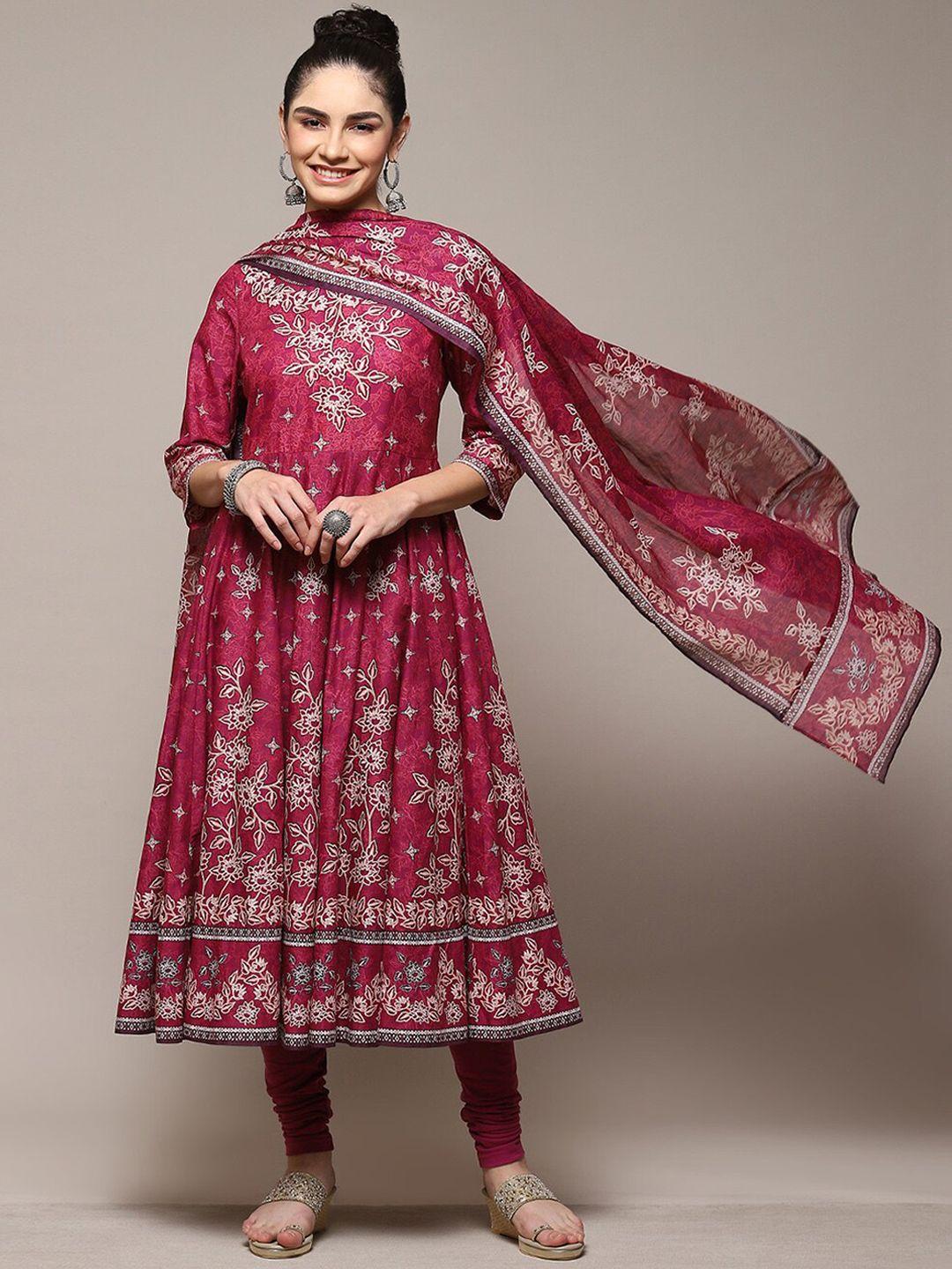 biba ethnic motifs printed a-line kurta with churidar & dupatta