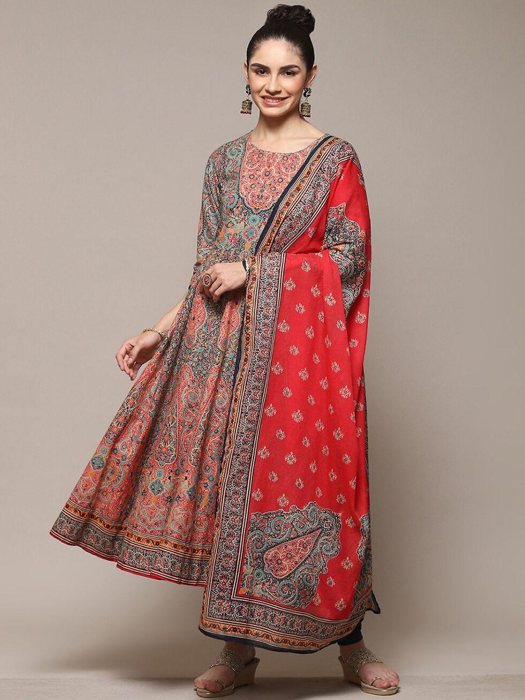 biba ethnic motifs printed anarkali kurta & churidar with dupatta