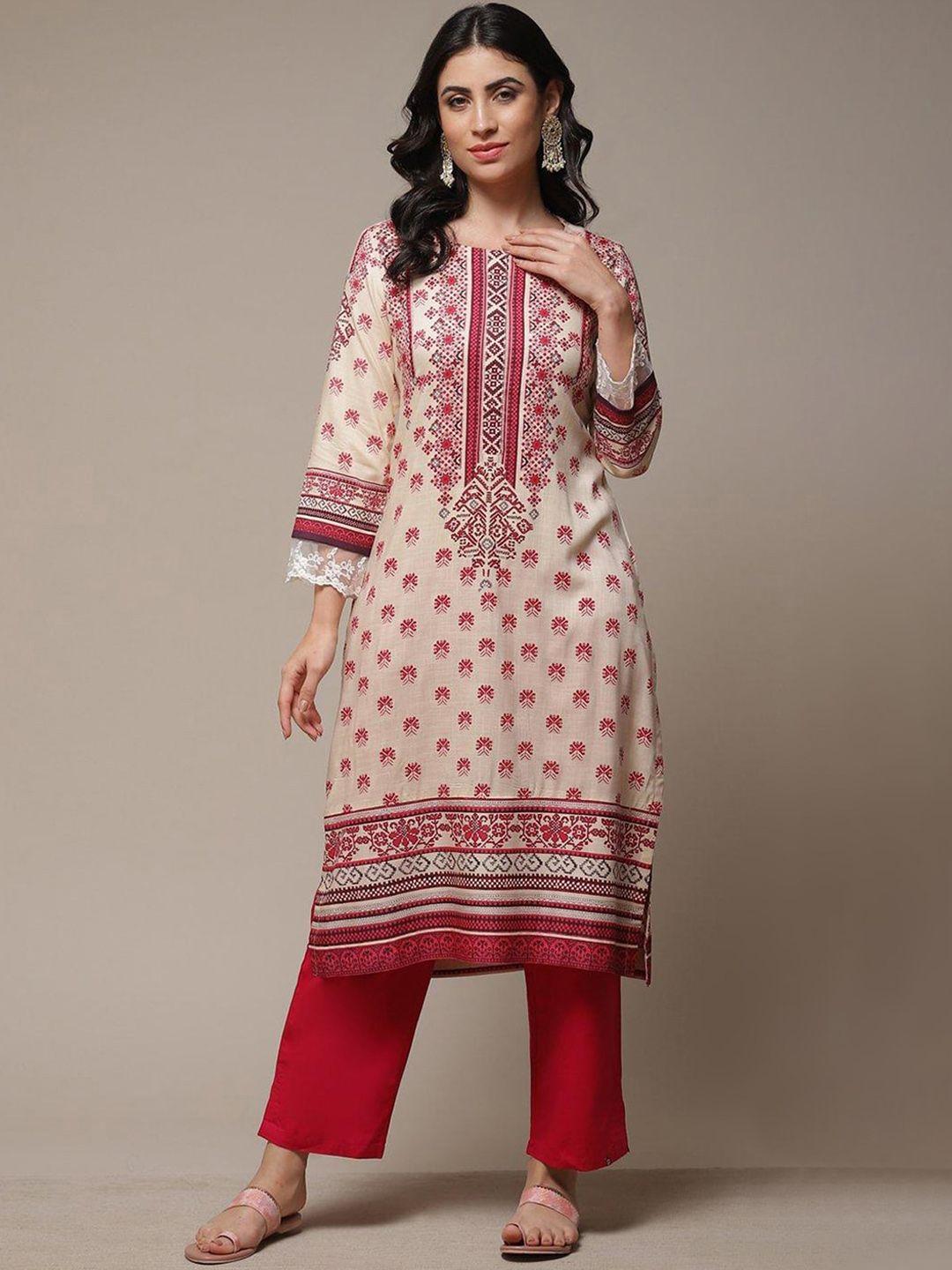 biba ethnic motifs printed lace detail kurta