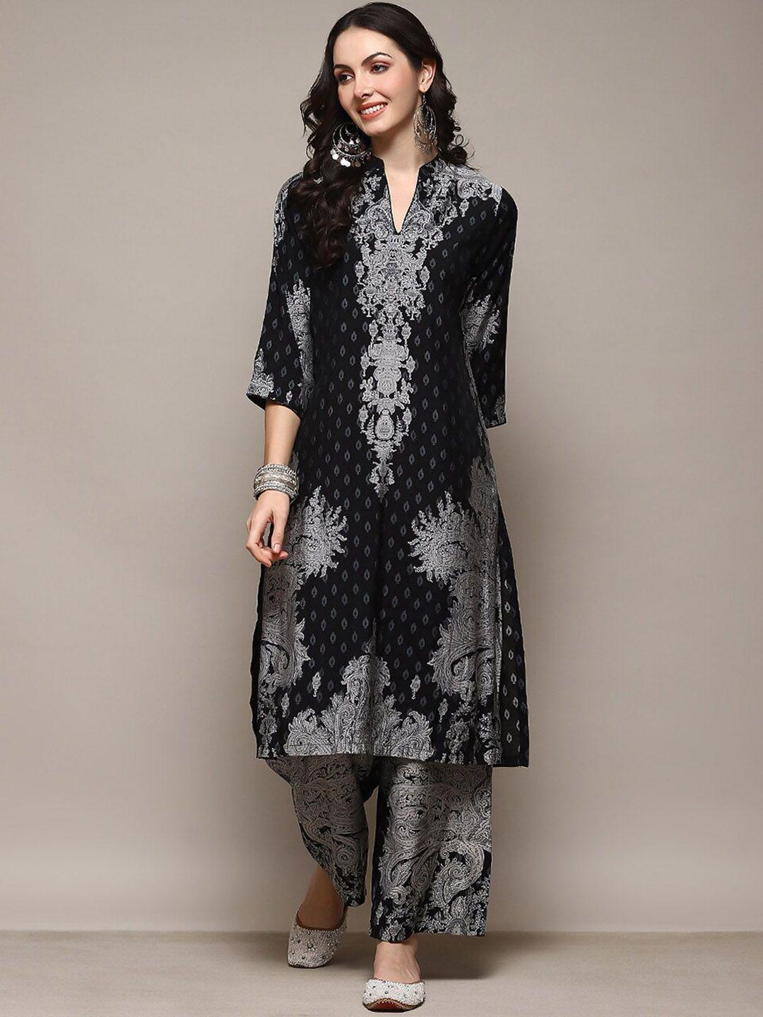 biba ethnic motifs printed mandarin collar straight kurta with palazzos