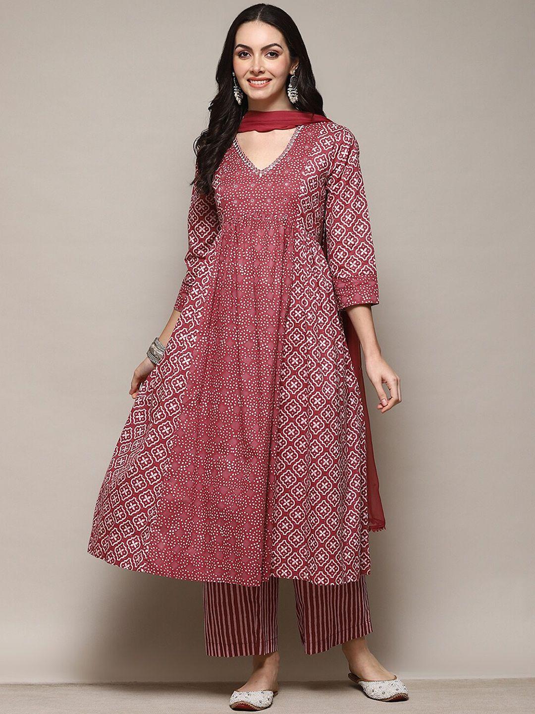 biba ethnic motifs printed mirror work a-line  kurta with palazzos and dupatta