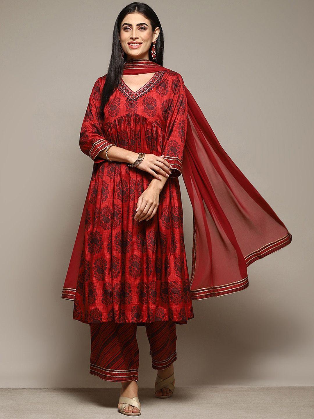 biba ethnic motifs printed mirror work anarkali kurta & palazzos with dupatta