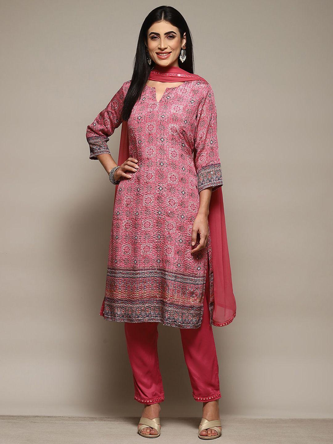 biba ethnic motifs printed mirror work straight kurta & trousers with dupatta