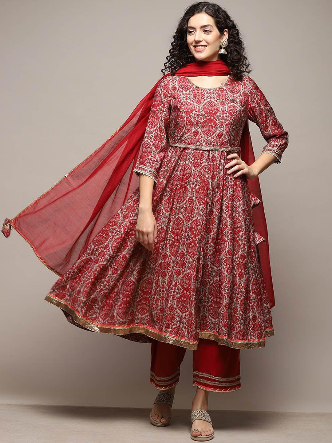 biba ethnic motifs printed panelled gotta patti anarkali kurta with palazzos & dupatta